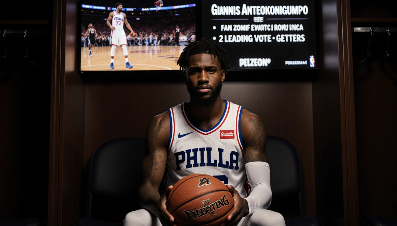 Tyrese Maxey holding a basketball with a determined look while locker room TVs show fan votes and Giannis Antetokounmpo