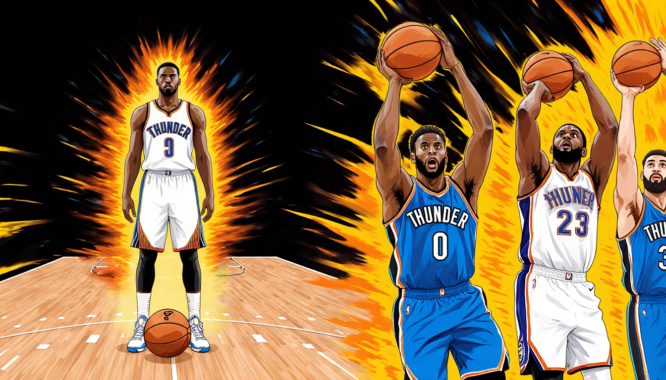 Tyrese Maxey standing on court with halo and basketball at his feet while Thunder players look shocked as he sinks shots.