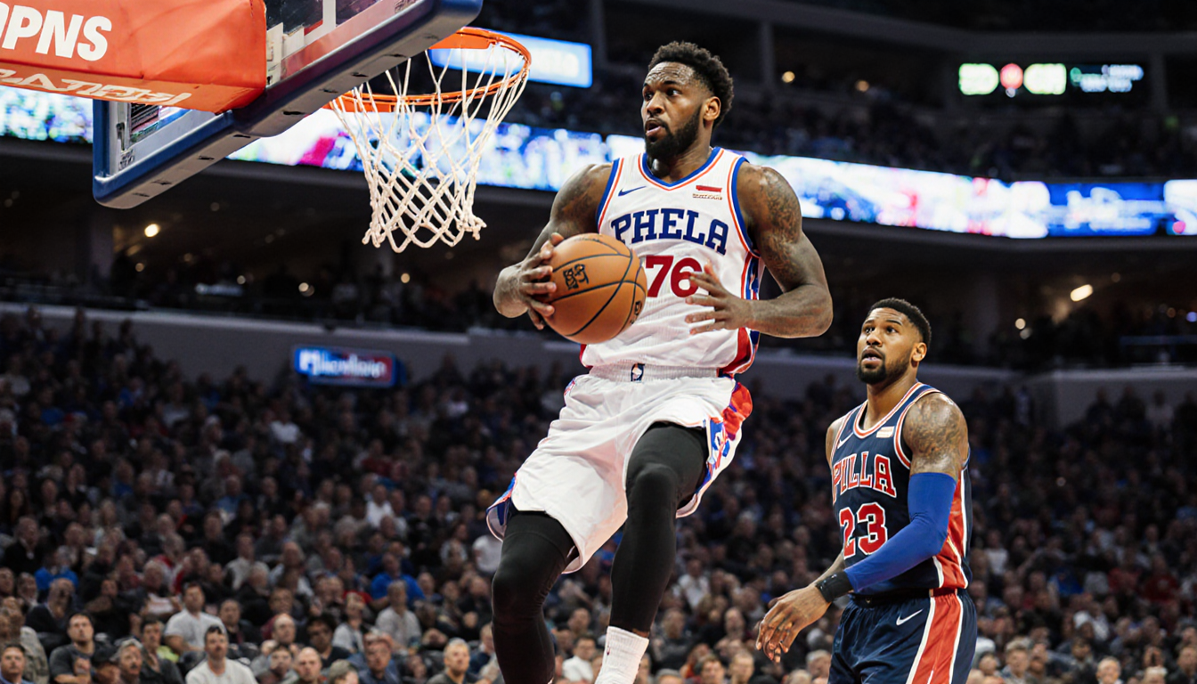 Tyrese Maxey driving to the basket with Paul George watching from the bench and Philadelphia skyline visible behind arena.