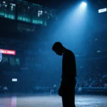 Tyrese Maxey silhouette standing on rain-soaked court with spotlight highlighting his disappointment amid blue arena glow.