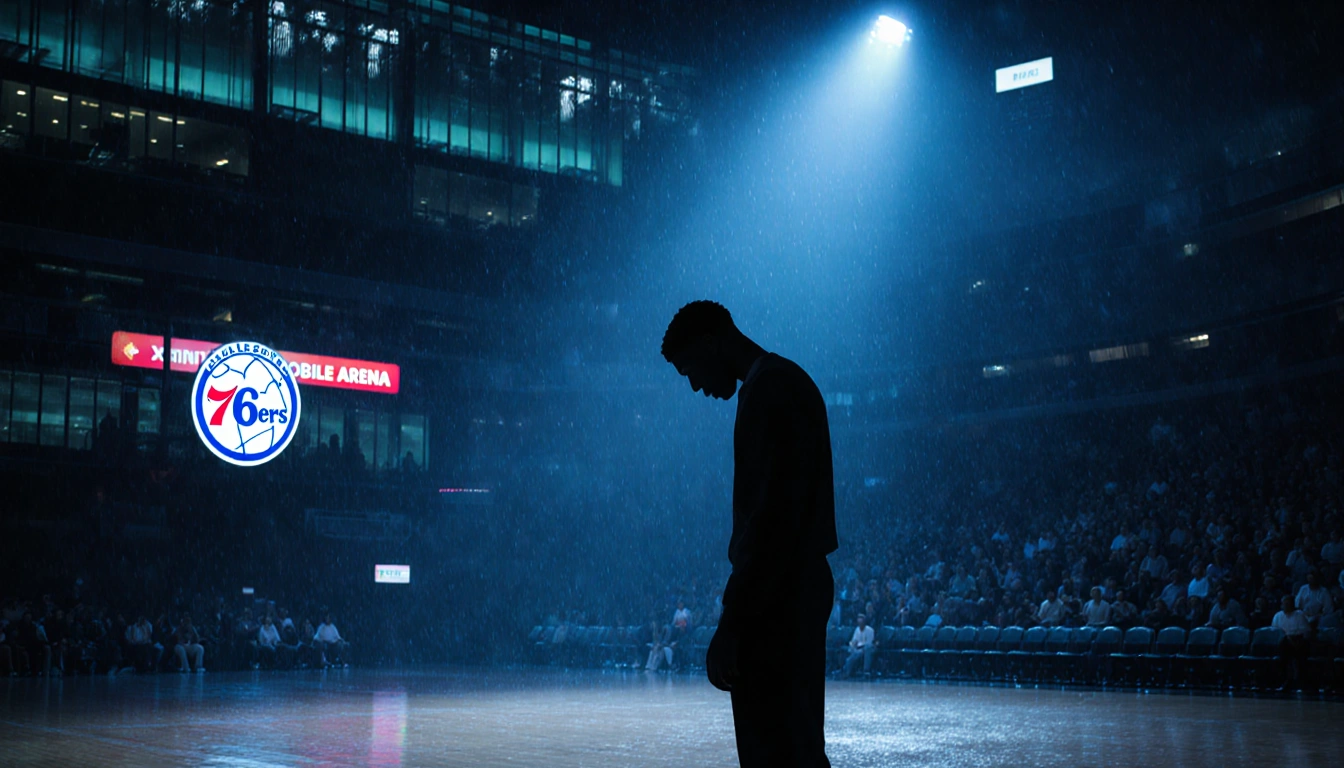 Tyrese Maxey silhouette standing on rain-soaked court with spotlight highlighting his disappointment amid blue arena glow.