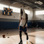 Tyrese Maxey walks into the gym with a towel over his head, warming up on the wooden floor.