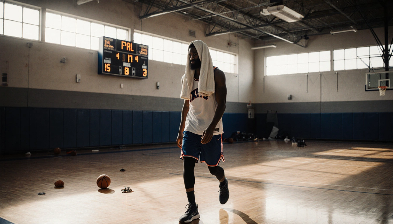 Tyrese Maxey walks into the gym with a towel over his head, warming up on the wooden floor.