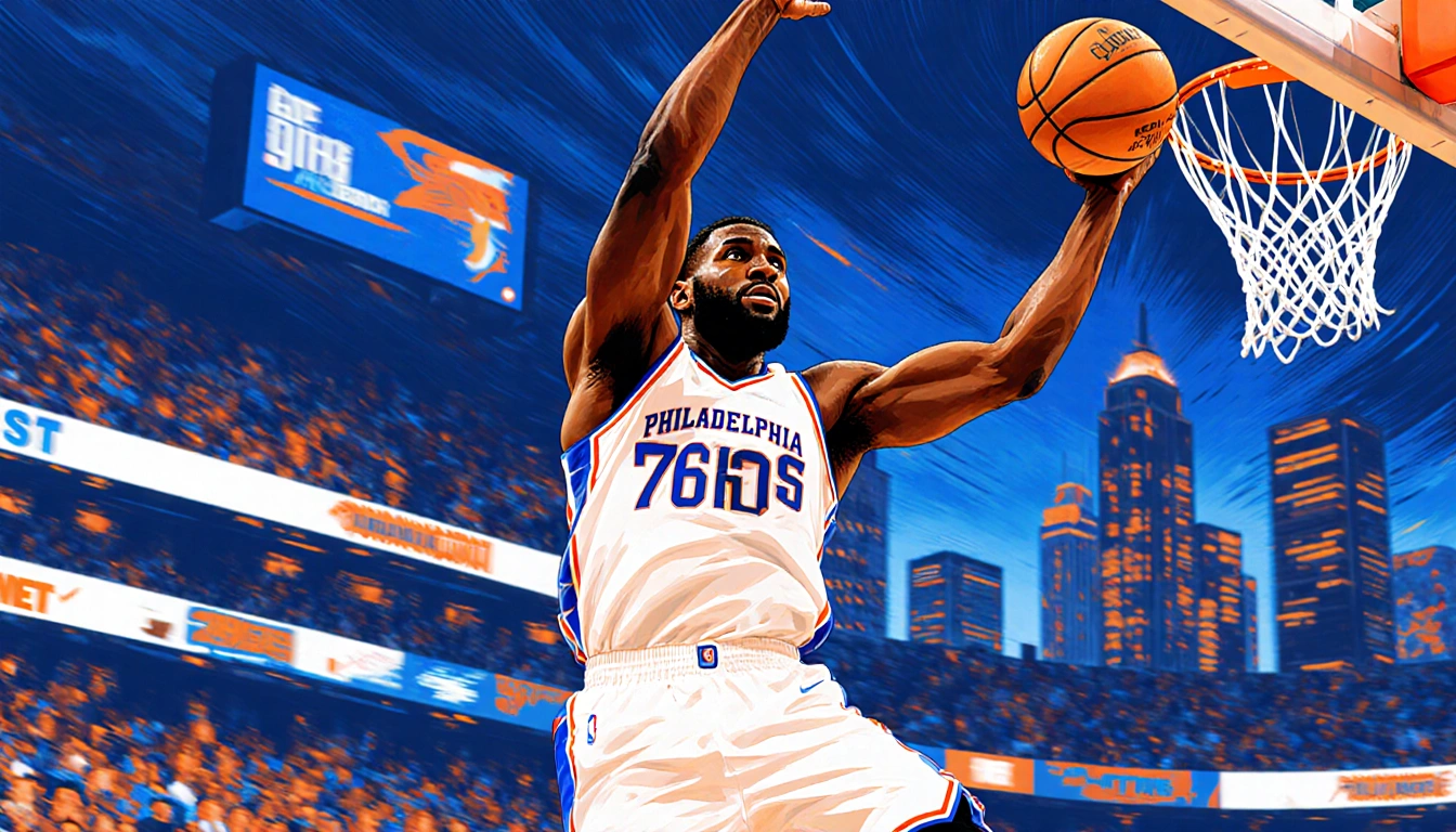 Tyrese Maxey sinking a three-pointer with Oklahoma City skyline visible through arena windows and a blue-orange backdrop.