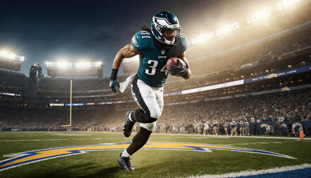 Ty Robinson of the Eagles sprints past Chargers defenders with stadium lights glowing golden and Monday night skyline behind.