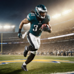 Ty Robinson of the Eagles sprints past Chargers defenders with stadium lights glowing golden and Monday night skyline behind.