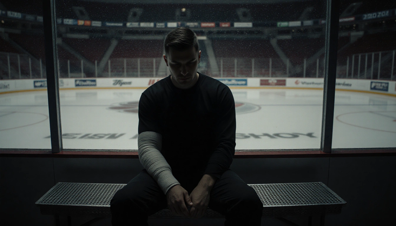 Tyson Foerster sits on a bench with his injured arm bandaged and locker room near a glass wall with a blurred Flyers ice show