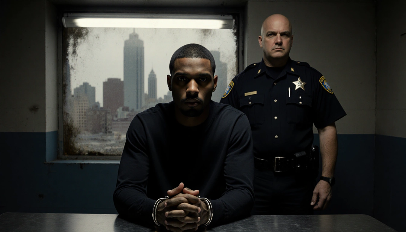 Tyvine Jones sits with cuffs on table and a marshal while Philadelphia skyline shows through a grimy window during interrogat