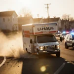 U-Haul truck speeding down a winding Bucks County road with police cars chasing and dust clouds swirling.