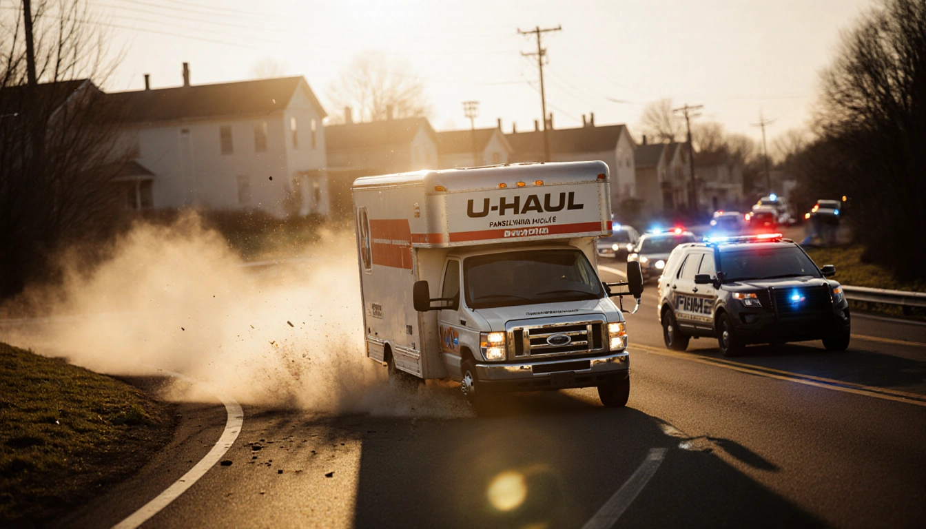 U-Haul truck speeding down a winding Bucks County road with police cars chasing and dust clouds swirling.