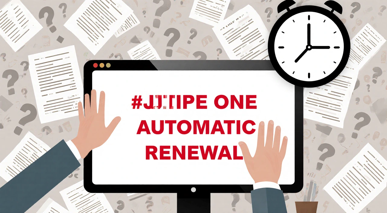 Person canceling Uber One subscription with paperwork and a screen showing red Automatic Renewal in a cluttered office