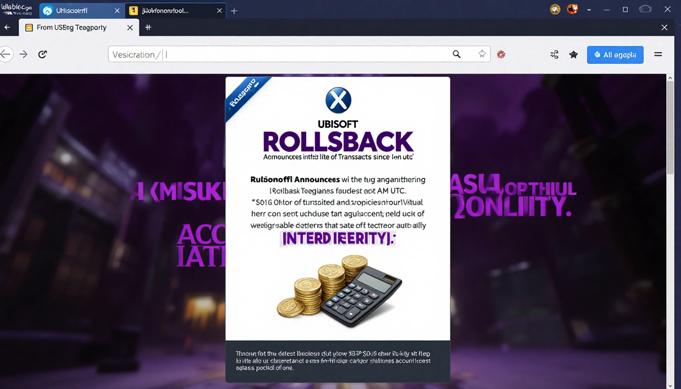 Screen showing Ubisoft rollback notice with stack of credits and calculator beside No Punishment and Account Integrity text
