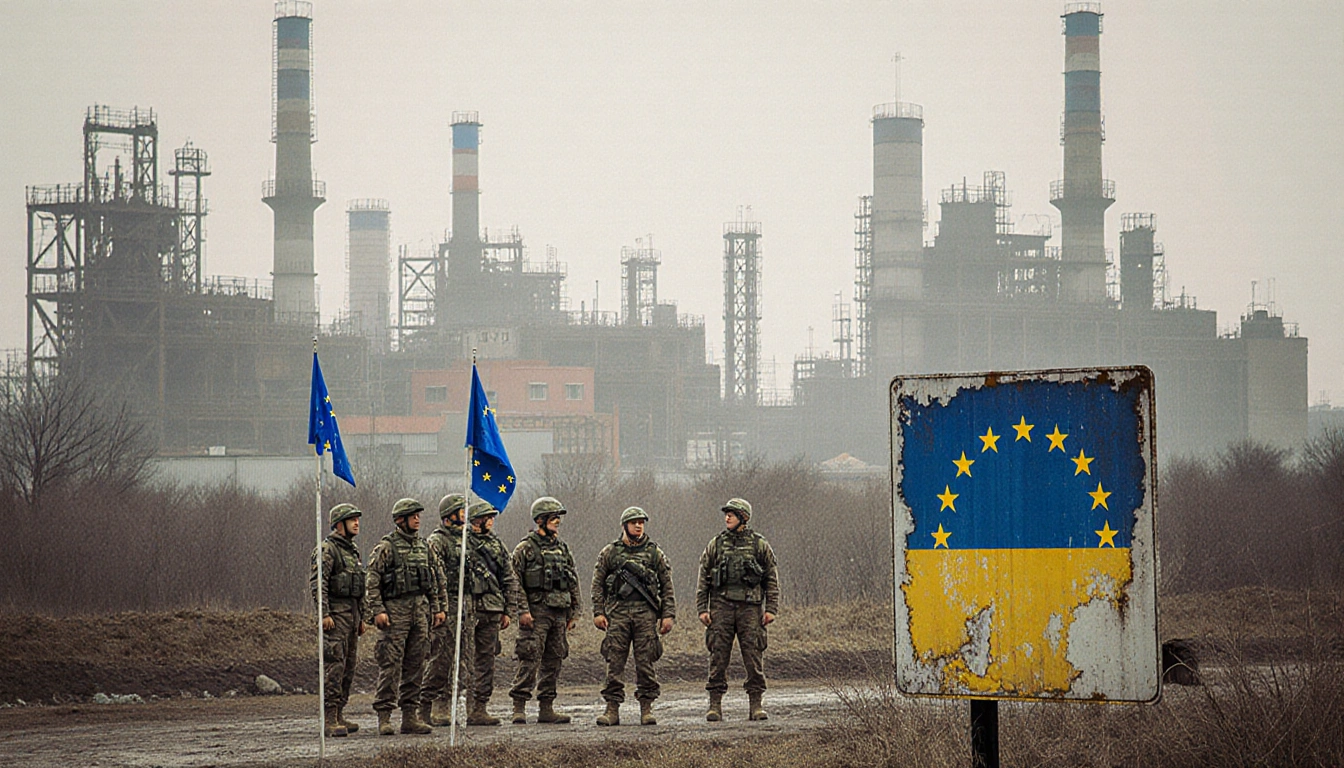 International forces stand beside Ukrainian soldiers in a demilitarized zone with a faded no man's land sign in background.