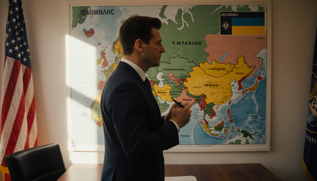 Zelenskyy standing at wooden desk with map of Eastern Europe and pen in hand