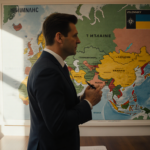 Zelenskyy standing at wooden desk with map of Eastern Europe and pen in hand