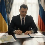 President Zelenskyy signs security agreement with pen amid Ukrainian flags and faded Russian posters