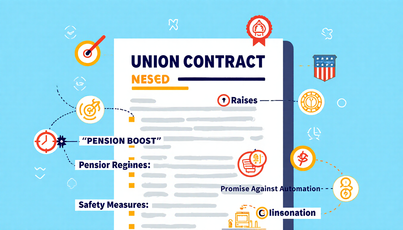 Diagram illustrating union contract sections with bold lines and vibrant colors highlighting raises pension and safety icons