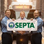 Three union representatives holding banner with SEPTA logo near a city bus in golden light