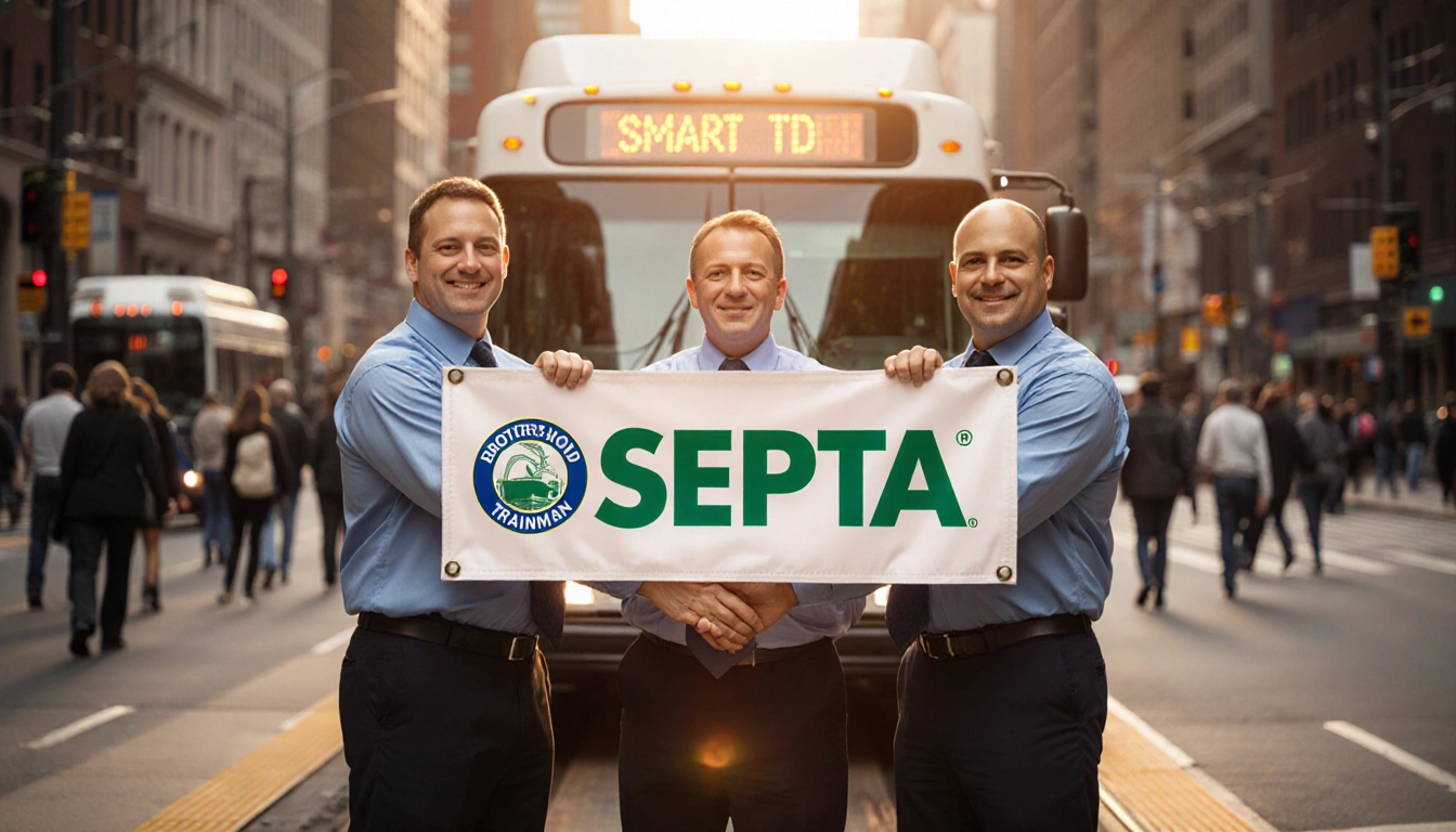 Three union representatives holding banner with SEPTA logo near a city bus in golden light