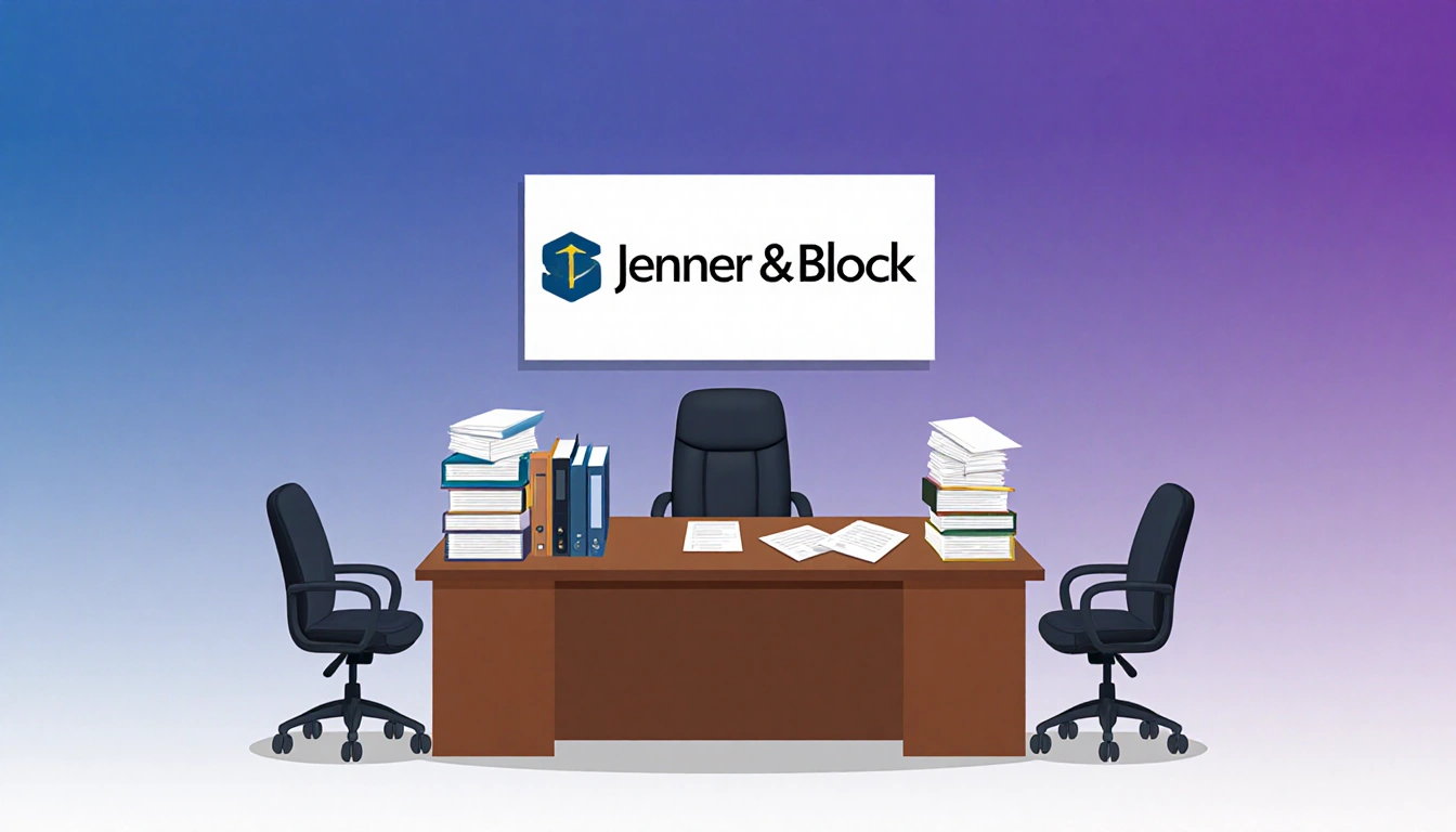 Large desk sits in an administrative office with books and files arranged and the Jenner & Block logo in the background.
