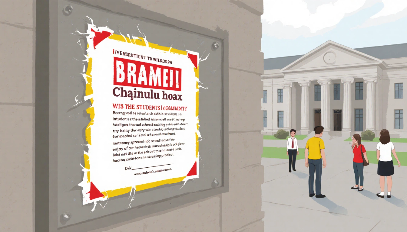 False sign on university building attracting confused students with torn letters and misinformation and muted colors