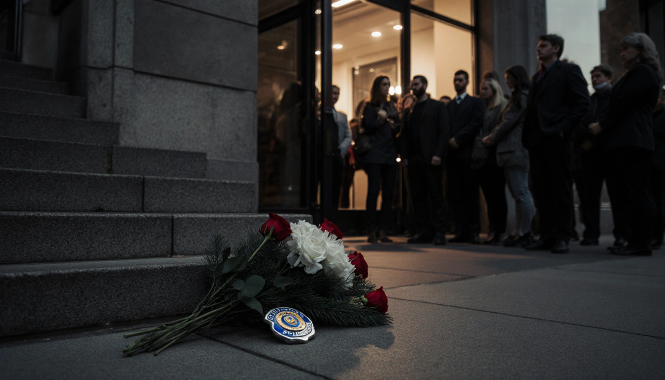 Mourners gather outside University of Delaware Bob Carpenter Center with white floral arrangement and police badge on steps