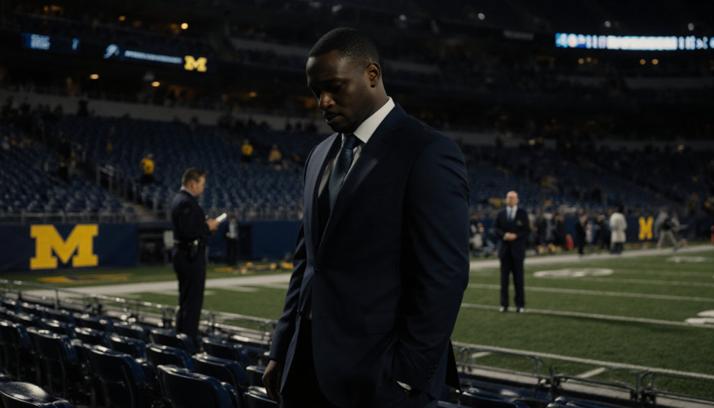 Sherrone Moore looks down in a lit Michigan football stadium with scattered seats and a blurred administrator in background.