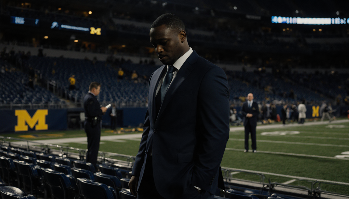 Sherrone Moore looks down in a lit Michigan football stadium with scattered seats and a blurred administrator in background.