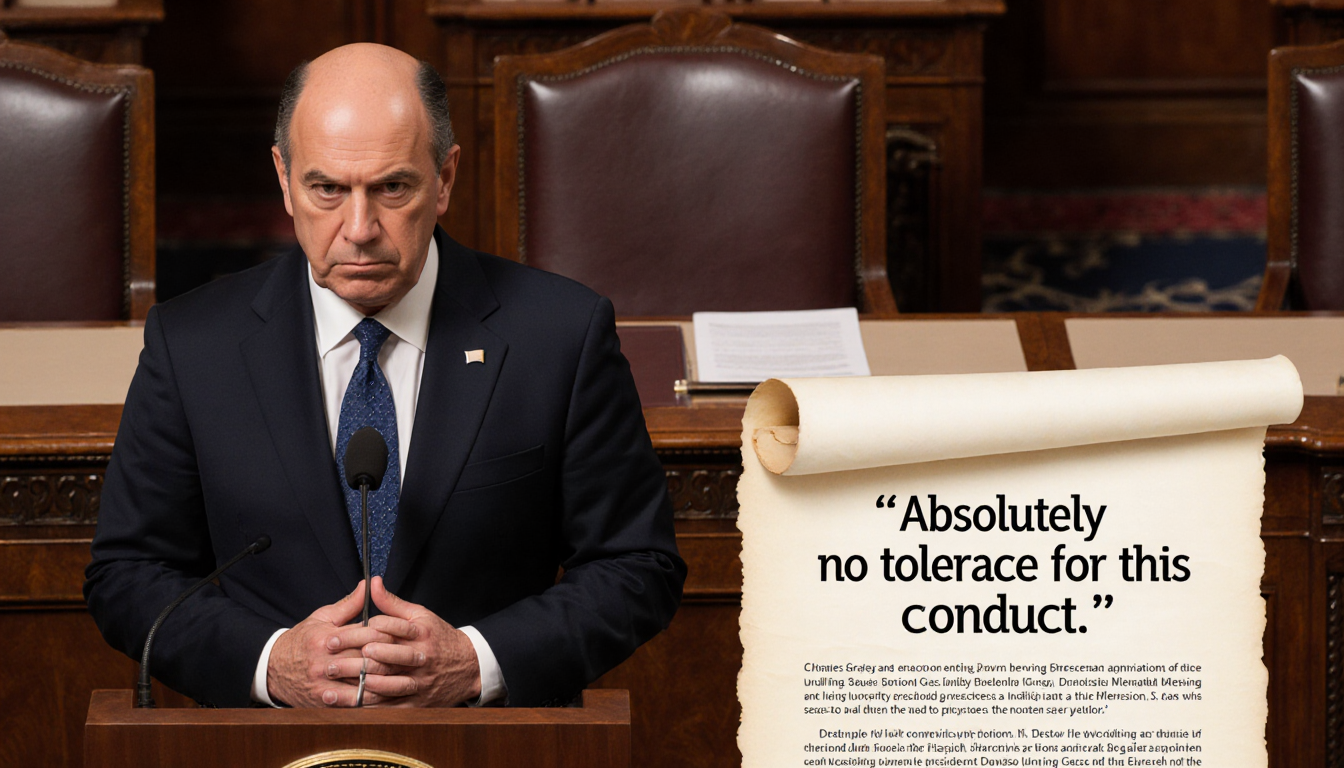 University president Domenico Grasso stands at a podium with a posture and a scroll declaring no tolerance for this conduct.