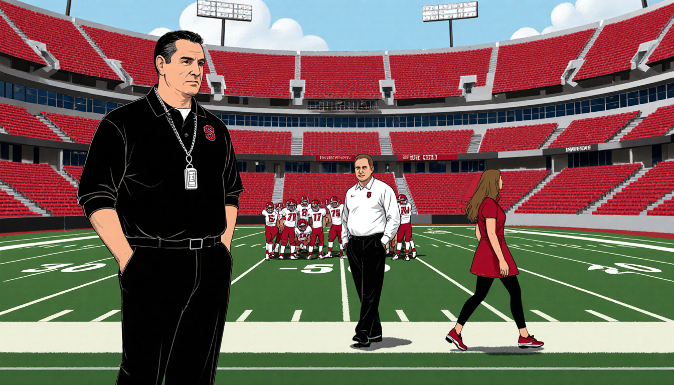 Two coaches stand in a football stadium with a whistle and a staff member walking away