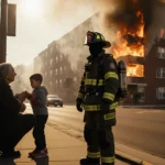 Firefighter standing before flames with a panicked resident clutching a child in morning light
