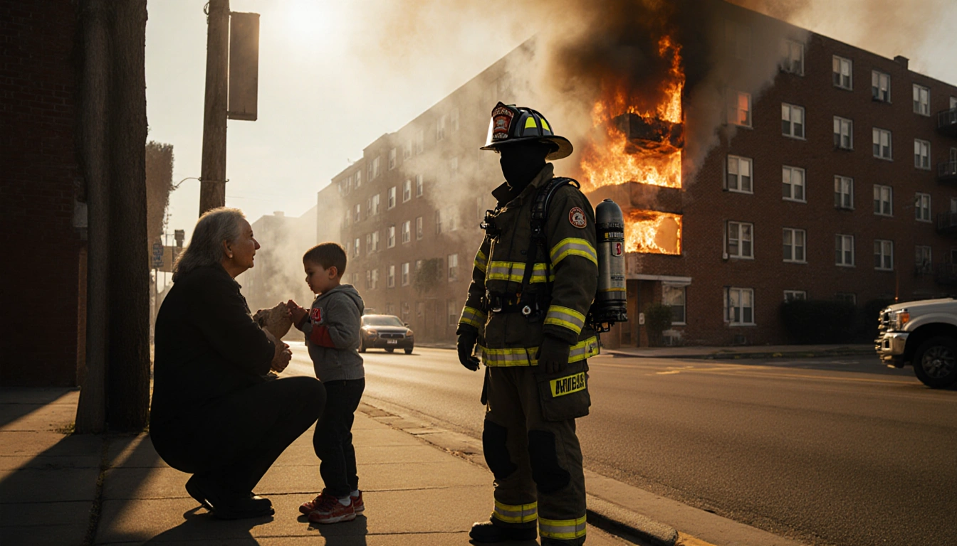 Firefighter standing before flames with a panicked resident clutching a child in morning light