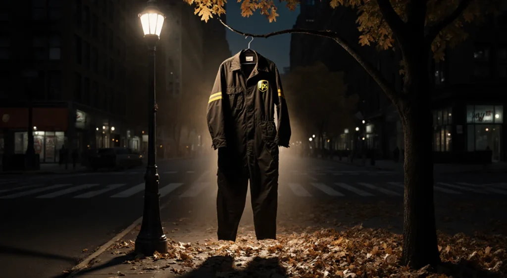 Worn UPS delivery uniform hanging from hook with autumn leaves and flickering streetlight highlighting injustice