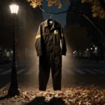 Worn UPS delivery uniform hanging from hook with autumn leaves and flickering streetlight highlighting injustice