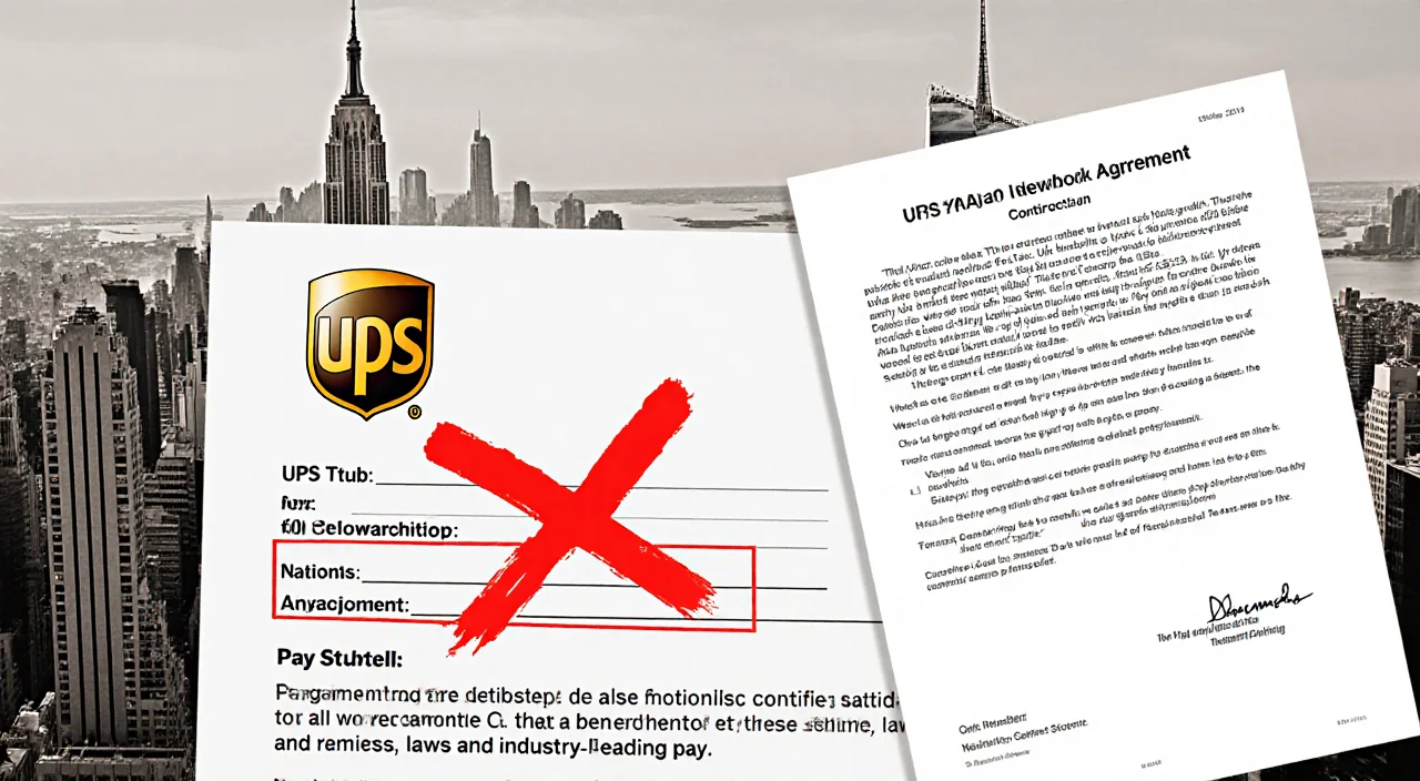 Pay stub marking underpayment with red X and NYC skyline in background