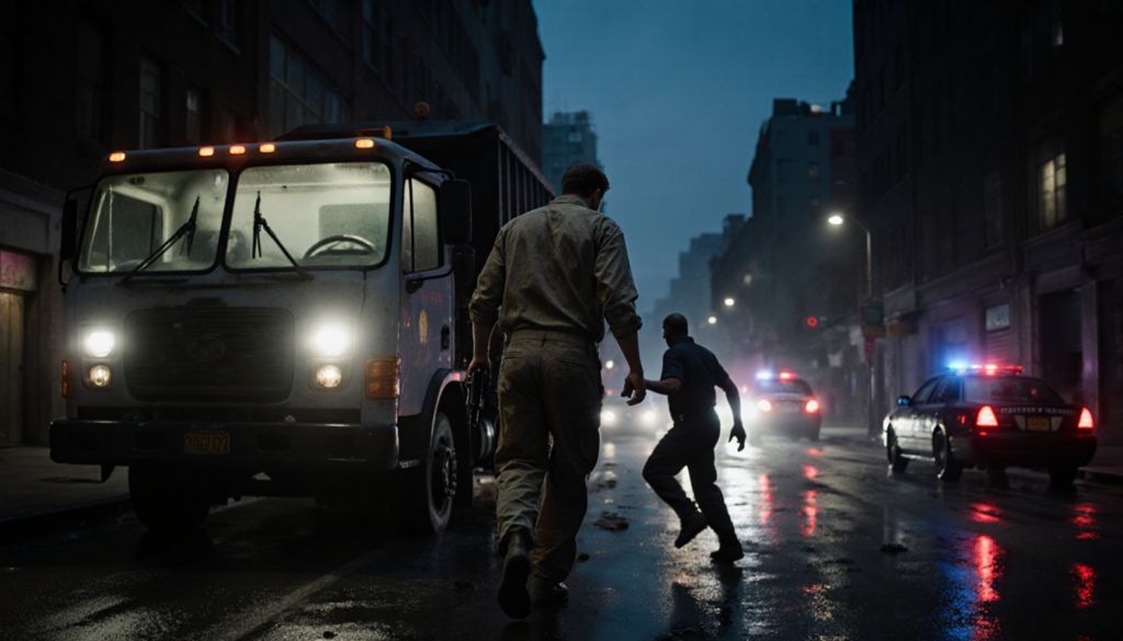 Fleeing figure turns away with police cruisers and abandoned sanitation truck under dusk sky.