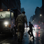 Fleeing figure turns away with police cruisers and abandoned sanitation truck under dusk sky.
