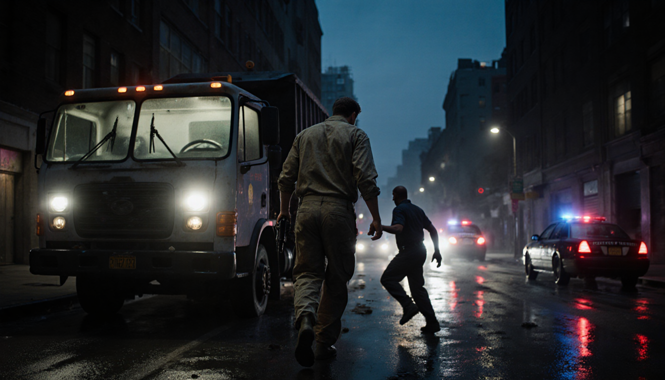 Fleeing figure turns away with police cruisers and abandoned sanitation truck under dusk sky.