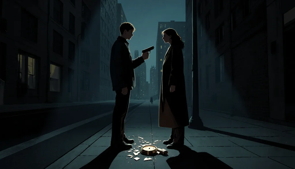 Two tense figures face each other with guns drawn in a nighttime urban street with shattered watch fragments nearby