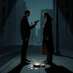 Two tense figures face each other with guns drawn in a nighttime urban street with shattered watch fragments nearby