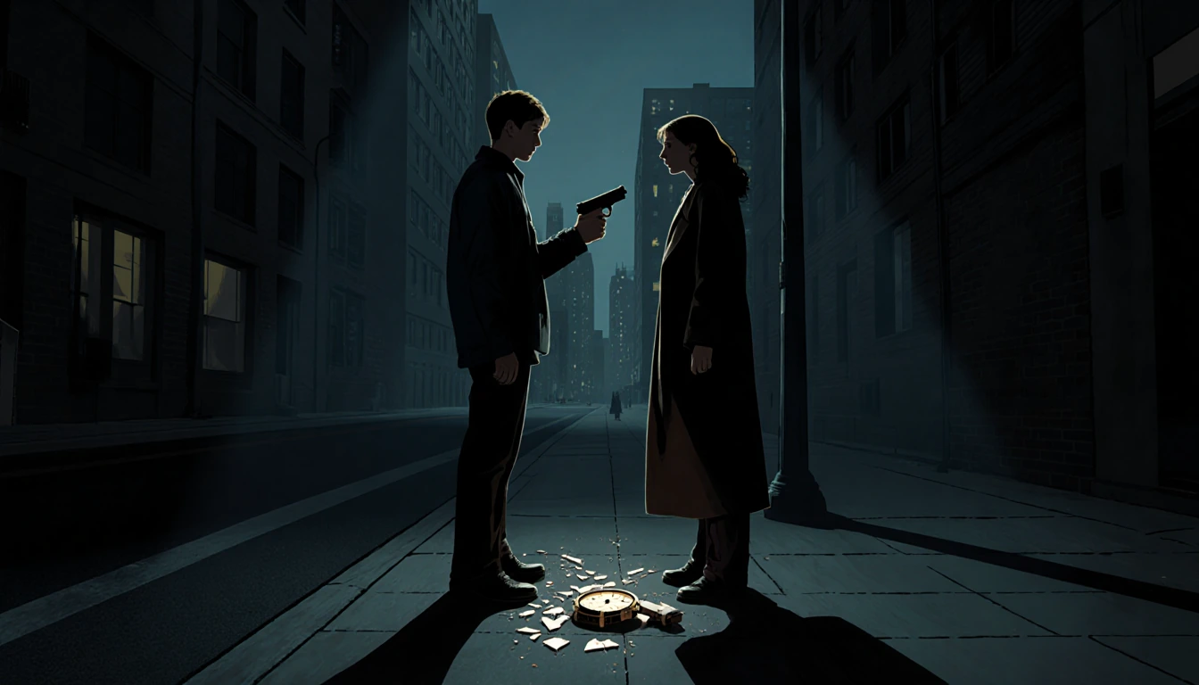 Two tense figures face each other with guns drawn in a nighttime urban street with shattered watch fragments nearby