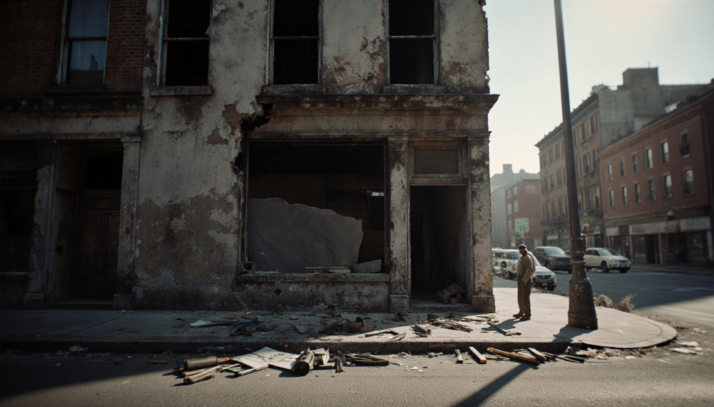 A lone worker stands beside a partially restored building in Philadelphia, surrounded by scattered tools and half-finished re