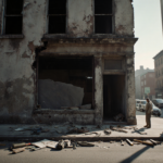 A lone worker stands beside a partially restored building in Philadelphia, surrounded by scattered tools and half-finished re