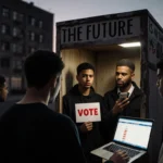 Young men gathering around a weathered voting booth with headline The Future is in Our Hands and a laptop showing results
