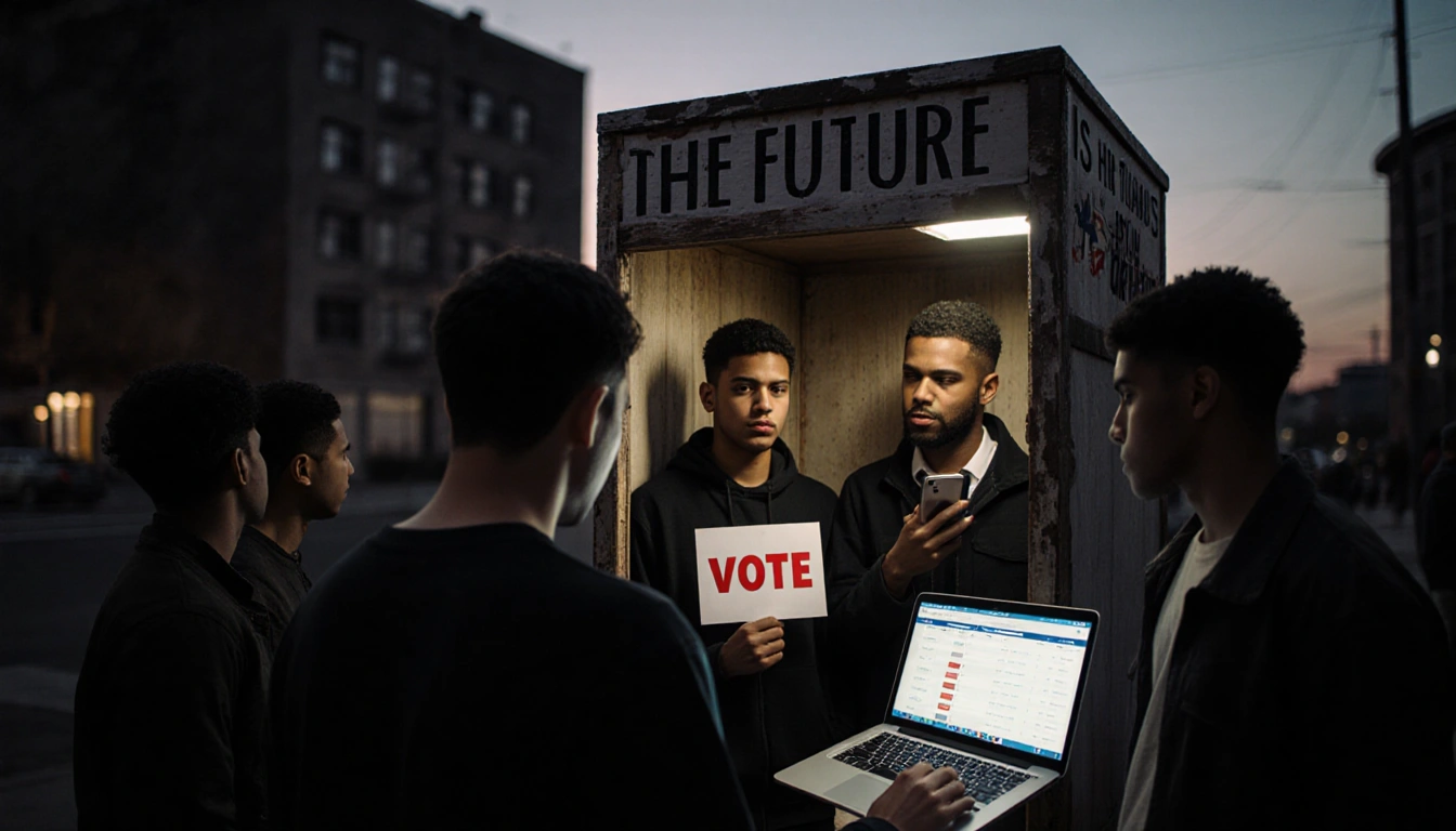 Young men gathering around a weathered voting booth with headline The Future is in Our Hands and a laptop showing results