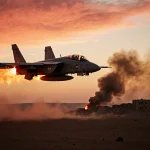 US military aircraft soaring above Syrian desert at sunset with afterburners lighting dusty terrain and a ruined ISIS bunker.