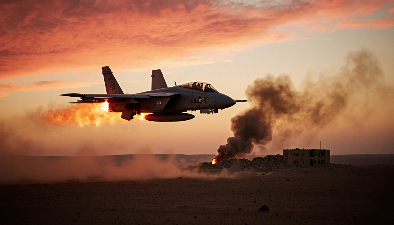 US military aircraft soaring above Syrian desert at sunset with afterburners lighting dusty terrain and a ruined ISIS bunker.