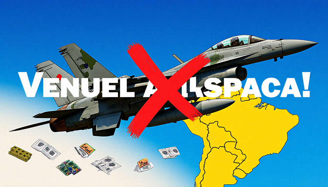 U.S. aircraft swoops down over Venezuela with red X marking closed airspace and a highlighted map of Venezuela in foreground