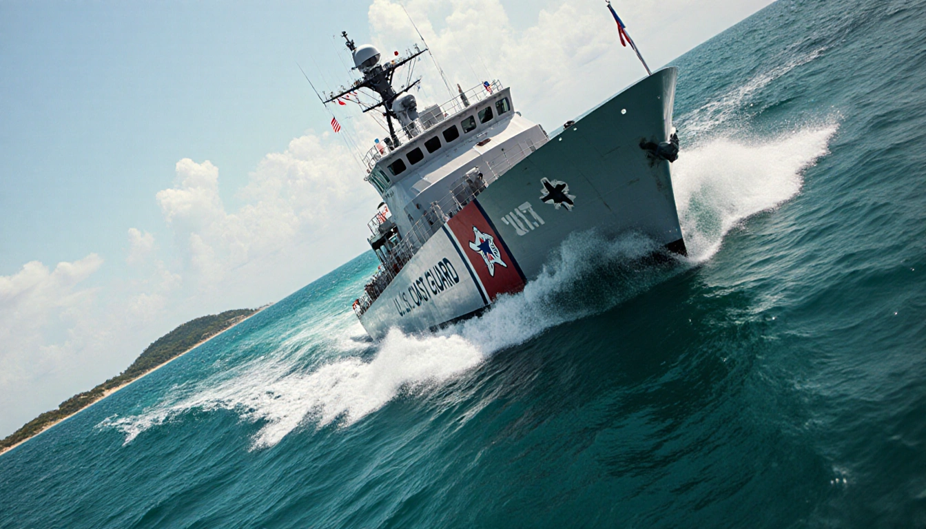 U.S. Coast Guard vessel chasing a sanctioned ship with propellers churning water and a turquoise Caribbean horizon
