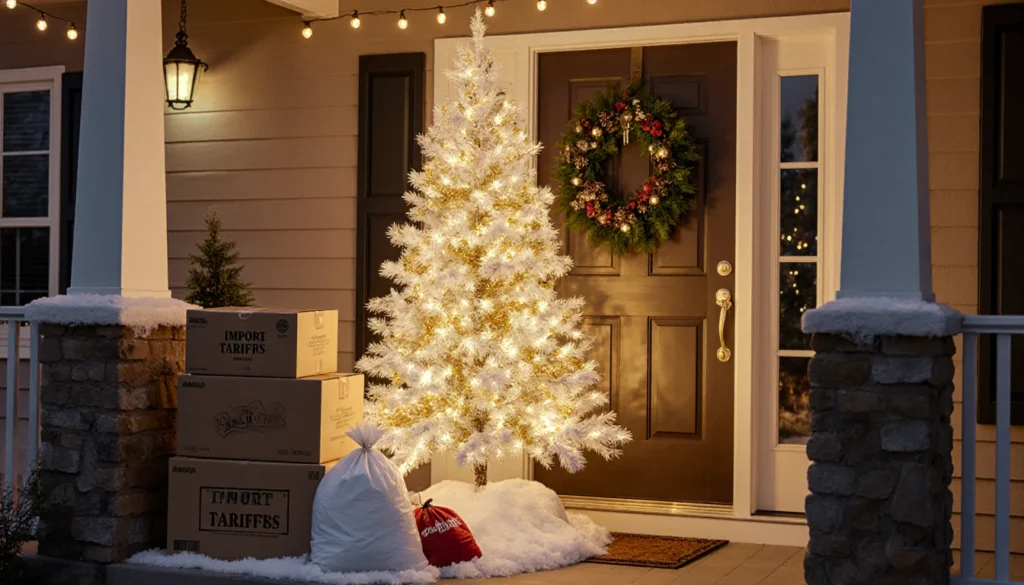 Artificial Christmas tree standing tall with fake snow bags and boxes labeled import tariffs near golden porch lights